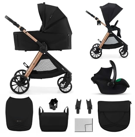 Kinderkraft VESTO 2 Kombibarnvagn, 3-i-1, buggy med babybadkar och bilstol, MINK PRO 2, från födseln upp till 22 kg, vändbar sportsits, resesystem, fjädringning, EVA-hjul, vikbar, svart