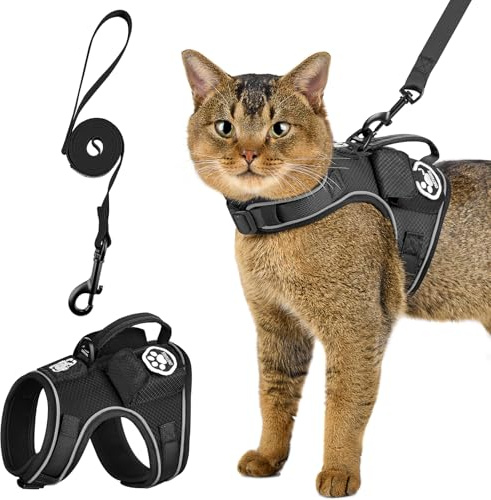OneTigris Kattsele set med koppel, CATRIX kattkoppel med sele som går sönder säkert med reflektorremsor, kontrollhandtag och GPS-väska, lätt husdjurssele för katter (svart, XXS)
