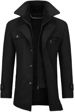 Allthemen Manteau Homme en Laine Chaud Court Epais Slim Fit Business avec Un Col Accessoire Jacket d'hiver Trench-Coat Homme,Noir,L