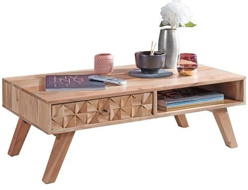 Wohnling Couchtisch Rewa 95x35x50cm Akazie Massivholz Sofatisch, Design Wohnzimmertisch mit Schublade, Stubentisch Landhaus Braun, Designer Holztisch Kaffeetisch Massiv, Tisch Wohnzimmer Modern