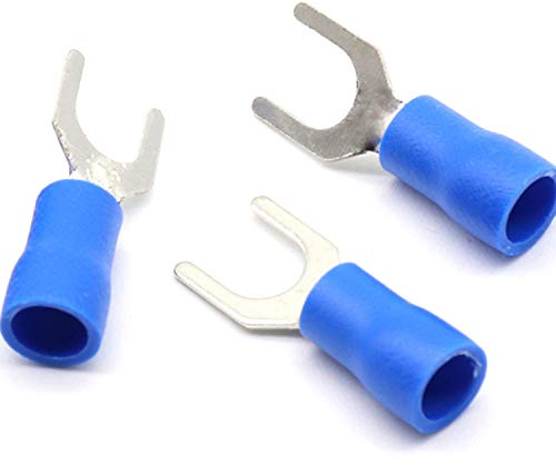 10 pezzi capocorda per cavi forcella in blu 1,5 – 2,5 mm2 foro Ø M6 isolato in PVC morsetto di collegamento capocorda cavo connettore in rame stagnato.