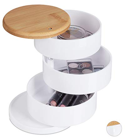 Relaxdays, weiß Make Up Organizer, rund, 3 drehbare Ebenen, für Kosmetik & Schmuck, Bambusdeckel, Kunststoff, Schminkbox, [PS, Bambus, 1 Stück