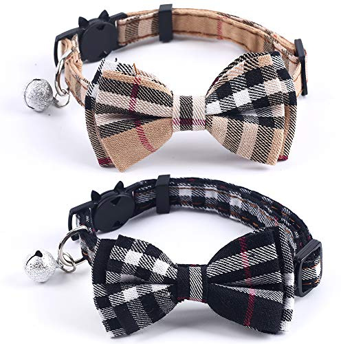 SuperBuddy Cat Collars Breakaway with Cute Bow Bell - 2 Pack Kitten Collar Plaid Cat Collar with Removable Bowtie Cat Collar for Cats Kittens…