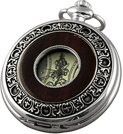 VIGOROSO Mekaniskt fickur för män vintage steampunk träfiber ihålig design med kedja och låda