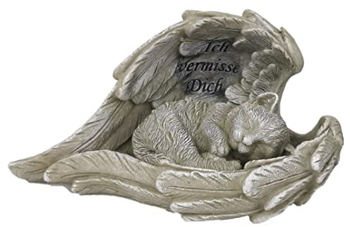 Goldbach Geschenkartikel GmbH Grabschmuck Katze in Flügel 21cm Ich vermisse Dich Trauerengel Grabdeko Engel, Steingrau