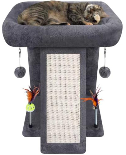 TWDEPART Small Cat Tree for Indoor Cats, Activity Centre Climbing Tree with Scratching Board and Playful Toy Balls, Grey