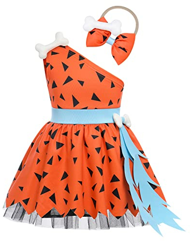 FYMNSI Toddler Kids Baby Girls Caveman Costume Historical Stone Age Cavegirl Halloween Cosplay Fancy Dress Up One Shoudler Dress Bone Bowknot Headband Set Birthday Party Outfit Orange 18-24 Months