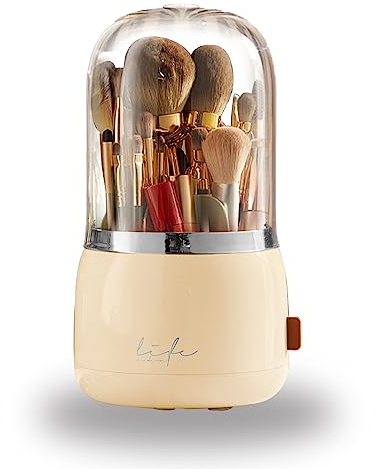 Mackertop Soporte para brochas de maquillaje con tapa, organizador de cosméticos giratorio de 360 grados, acrílico, sin polvo, impermeable, caja de almacenamiento de gran capacidad para tocador,