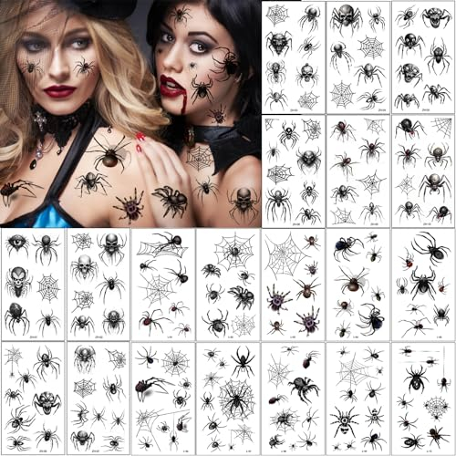 Tatouages ​​Temporaires Halloween, 20 Feuilles Araignée Autocollants de Tatouage vampire avec Accessoires Maquillage Adulte Enfant Effrayants et Sanglants Réalistes Décoration Costume Maquillage Fête