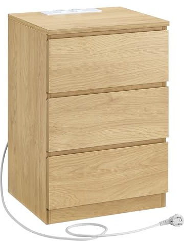 VASAGLE Kailyn Kollektion - Nachttisch mit Steckdosenleiste, Beistelltisch, 3 Schubladen, 2 AC-Steckdosen, 2 USB-A-Anschlüsse, modern, Sstrohgelb LET631Y70
