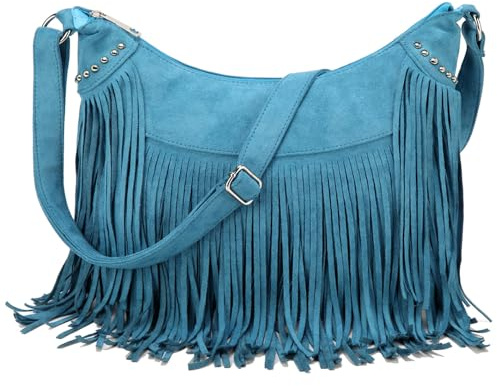 Sac à main à franges pour femme - En daim végan - Style hippie - Style bohème, bleu, 14.2L x 3.9W x 10.3H