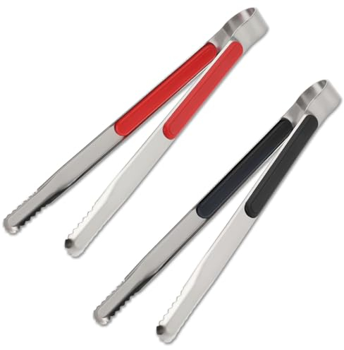 Set di 2 pinze da cucina in acciaio inox da 25,4 cm, con impugnatura antiscivolo, lunghe pinze per grigliare, per barbecue e insalata (nero e rosso)