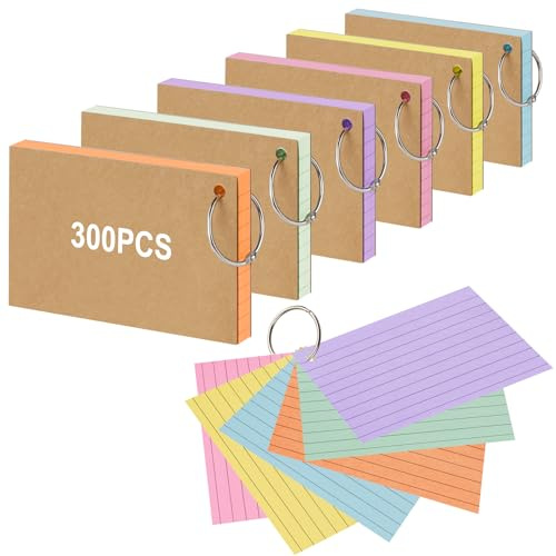 Vicloon Flash Cards, 300pcs Fiches Bristol, 12,7x7,6cm Cartes de Révision avec 6 Anneaux de Reliure, Cartes d’index, Carte de Vocabulaire, Carte Index Lignées pour École Bureau Maison