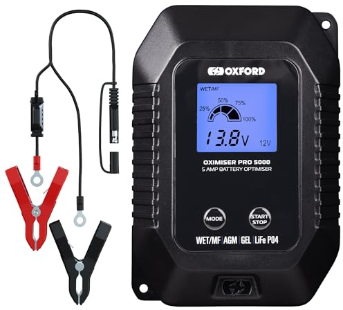 Oxford Oximiser Pro 5000 Battery Charger. Motorcycle/Car/Campervan. Optimiser Management System (UK Plug). Charge/Maintain/Optimise. Waterproof. WET/MF, AGM, GEL + LiFeP04