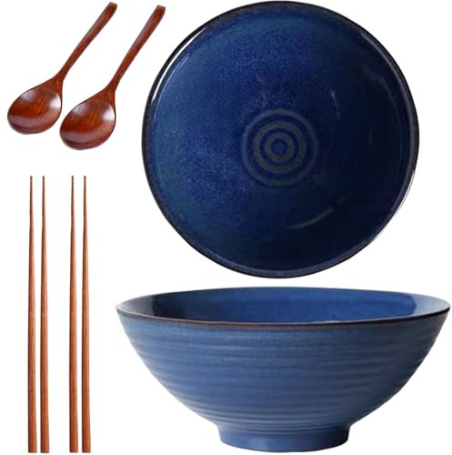 Sightday Ramen Bowl Set of 2 with Ramen Spoons and Chopsticks - Large Ceramic Noodle Bowl for Pasta, Soup, Salad, Cereal (Blue) - 1200ml Capacity
