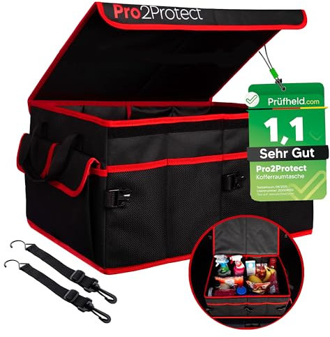 Pro2Protect PREMIUM [ 2x Test SEHR GUT Kofferraum Organizer Auto Zubehör Innenraum | 51x36x27Cm | Kofferraumtasche XXL | Faltbox WASSERDICHT | Autotasche Box | Geschenke für Frauen und Männer