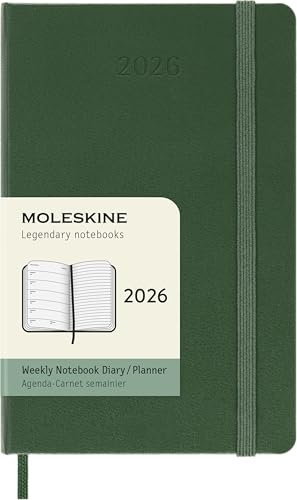 Moleskine Wochenplaner, Wochenagenda 2026 12 Monate mit Platz für Notizen, mit festem Einband und Gummibandverschluss, Pocket-Format 9x14, Farbe Grün