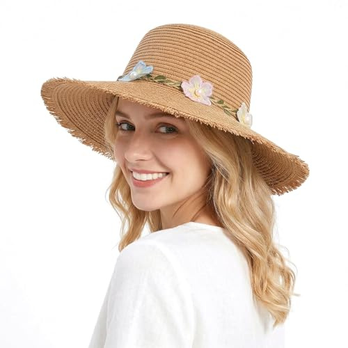 LY4U Chapeau de Paille pour Femmes - Protection UPF 50, Soleil et Plage d'été, de Voyage Pliable pour Dames