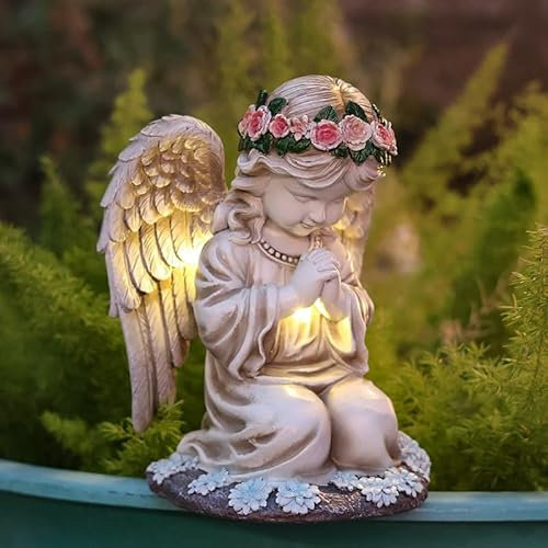 Piashow Statues de jardin solaires - Ange en prière - Lampe solaire - Ange de prière - Figurines d'ange gardien LED - Lanterne funéraire - Figurine d'ange prière - Sculpture pour pelouse, cour,