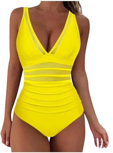 Zeiayuas One Piece Swimsuits for Women Mesh Swimming Costumes V Neck Swimwear Push Up Padded Swimwear Tummy Control Bathing Suit Ruched Monokini Swimsuit Monokini Sports Beachwear Ladies UK Yellow