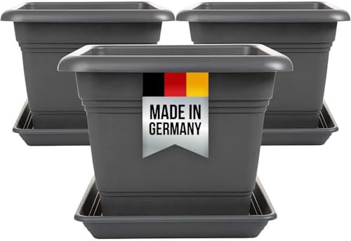 SUSTANIA Lot de 3 pots de fleurs grand format avec soucoupe - 28 x 28 cm - Carré - 10 l - Grand pot à plantes extérieur - Fabriqué en Allemagne - Anthracite