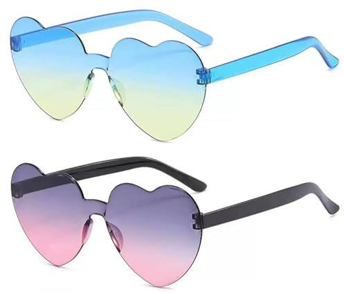 Pangogogo 2 Paar Herzbrille - Lustige Partybrillen für JGA Hochzeit Fasching Kostüm - Blau-Gelb-Mix/Grau-Rosa-Mix Hippie Herzbrillen (Blau Gelb + Grau Rosa)