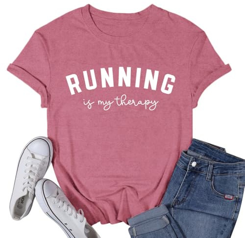 VQD Womens Running Shirt Workout Marathon Tshirt Running is My Therapy Runner Tee Top Pink