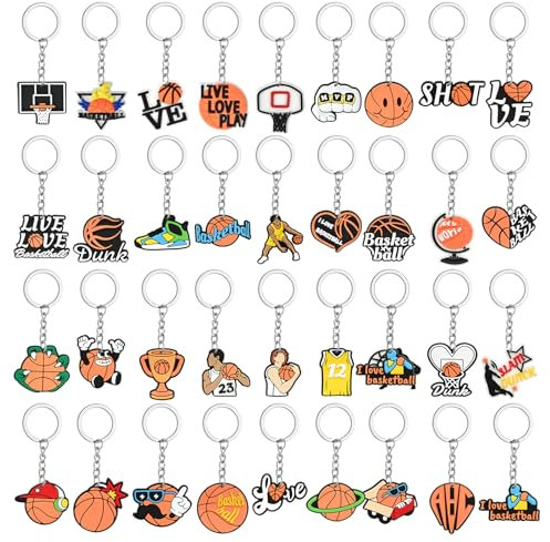 Sixfolo Set di 36 portachiavi da basket in PVC con ciondolo a forma di pallacanestro, per bambini, mini portachiavi per ragazzi e ragazze, sport, feste