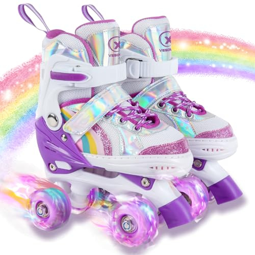 Patines de ruedas para niños y niñas con arco iris ajustables, con ruedas luminosas, patines de ruedas para niños, patines para principiantes, 4 tallas ajustables para la UE 28-36