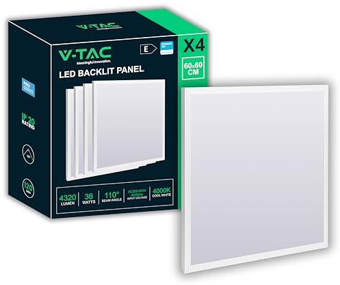 V-TAC 4x Pannelli LED da Incasso 36W - Chip Samsung - Lampada Quadrata 60x60 cm - 4320 Lumen - IP20 - per Soffitto, Ufficio, Casa, Negozio - Plafoniera - Luce 4000K Bianca Naturale
