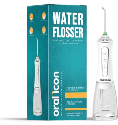 Oral Icon® Irrigatore orale elettrico con getto pulsante Tecnologia GumGentle+™ 5 livelli di pressione Serbatoio 300 ml Senza fili IPX7 impermeabile 5 attacchi
