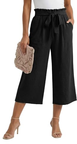 PrinStory Women Wide Leg Trouser Elasticated High Waist Palazzo Trouser Lightweight Capri Pant Summer Causal Pant with Pockets (Black, L)