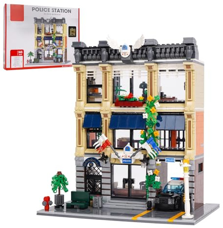 Geniteen Polisstation med polisbil byggsats, 1445 bitar DIY stadshusmodell kreativ gatubild MOC-hus för vuxna (Politiebureau)