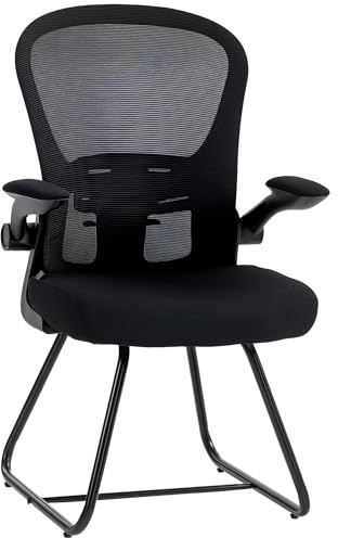 HOMCOM Reception Chair Office Chair No Wheels Flip-up Armrest Black | Mesh Backrest, Lumbar Support, Metal Base, Conference Meeting, Waiting Room, Home Office