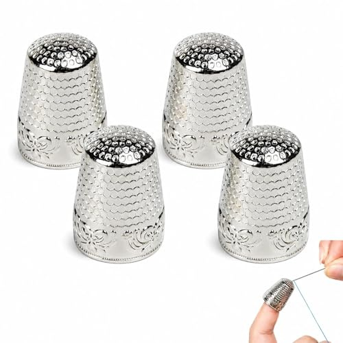 FYHJNC 4 Pcs Metal Sewing Thimbles, Adjustable Silver Finger Protectors with Anti-Slip Ridges, Durable Sewing Tools for Hand Sewing Embroidery Needlework DIY Crafts