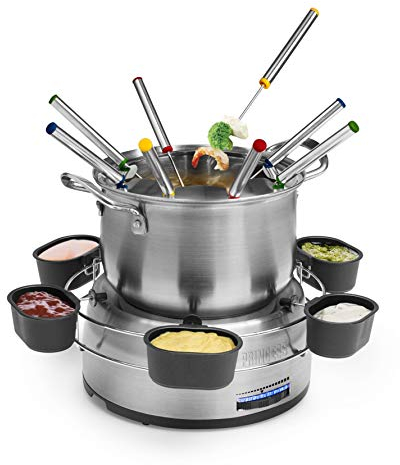 Princess Family Fondue-Set - 800 W, 1,2 Liter Fassungsvermögen, Thermostat, Edelstahl, doppelter Boden, 8 Fonduegabeln, 6 Dipschalen, Silber, 172680 01.172680.01.001, edelstahl, silber