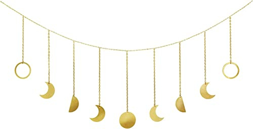 Mkono Moon Phase Wall Hanging Boho Aesthetic Room Decor Metal Moons Garland Hanging Art Bohemian Home Decoration for Girls Room Nursery Bedroom Livingroom Dorm, Ideal, Gold, 50