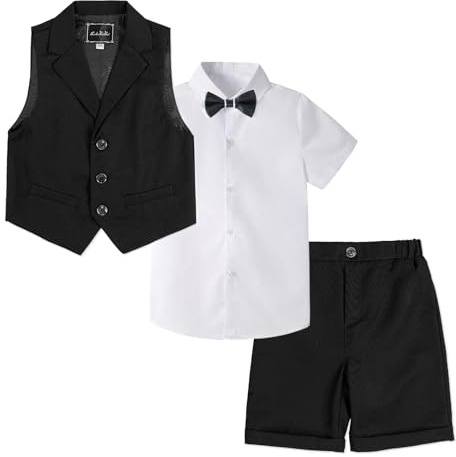 LOLANTA 4-Piece Kids Waistcoat Suit, Boys Wedding Party Shorts Set, Page Boy Outfit, Shirt, Bow Tie, Shorts, Waistcoat, 2-13 Years