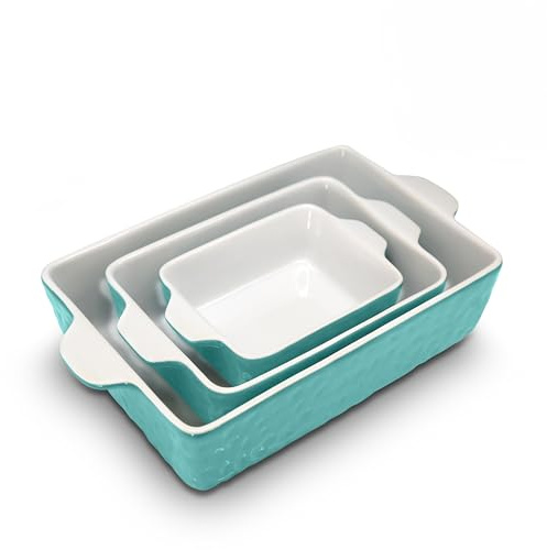 NutriChef 3-pc Casserole Dish Set for Oven, Ceramic Lasagna Baking Dishes, Deep Serving Dish with Handles - Aqua, (14.7/ 10.8/ 7.9)