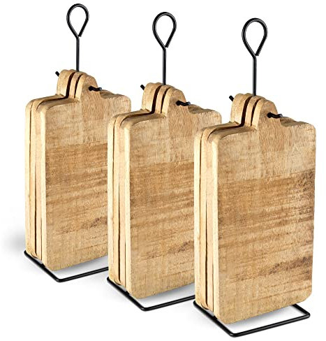 Novaliv Juego de 3 tablas de madera con práctico soporte, 24 x 12 x 1 cm, tabla de madera para cocina, desayuno y decoración
