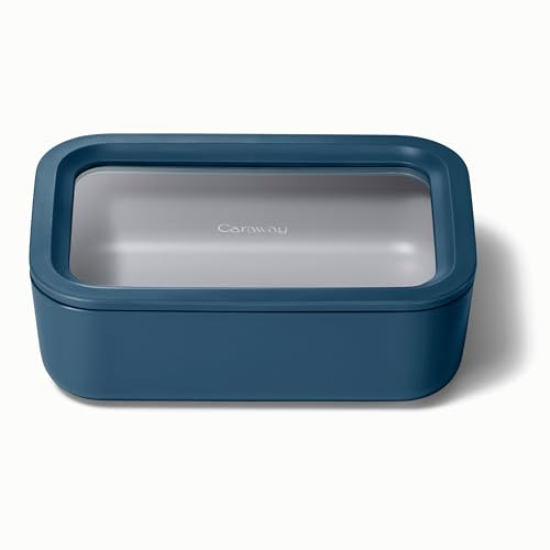Caraway Glass Food Storage, 6.6 Cup Glass Container,Ceramic Coated Food Container,Easy to Store, Non Toxic, Non Stick Lunch Box Container with Glass Lids. Dishwasher, Oven,Square Shape,Navy