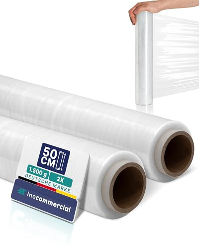 Inoverse Stretchfolie transparent blöjfilm, film för möbler och flyg, pallfolie, handstretchfolie, förpackningsfolie på rulle, stretchfolierulle, förpackningsmaterial, 50 cm/1,5 kg, 2 rullar