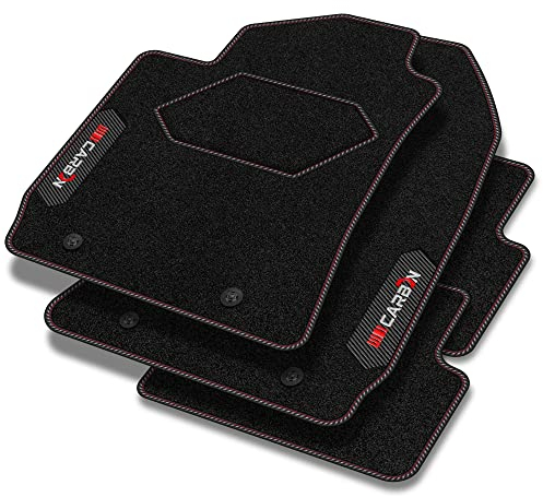 MOTOS Personalisierte Velours-Fußmatten Carbon Series passend für Audi Q7 I 4L 2006-2015 - Premium, Carbon, Rot Frischen Sie den Look Ihres Autos mit Velours-Fußmatten im hochmodernen Carbonfaser-Desi
