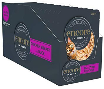 Encore Nassfutter für Katzen - Packung mit 16 Dosen à 70 g Huhn mit Ente in Brühe