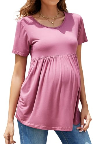 Brynmama Maglietta da maternità Carina Estate Maniche Corte Top Casual con Volant Peplum per Lavoro Rosso Scuro, S