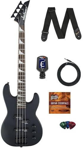 Jackson Minion JS1X Concert Bass Guitar - Satin Black Bundle with Cable, Tuner, Strap, Picks, and Austin Bazaar Instructional DVD