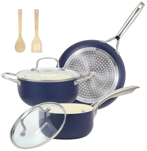 M MELENTA Pots and Pans Set Non Stick, 7 Piece Induction Hob Pan Set, Kitchen Ceramic Cookware Set, Nonstick Cooking Sets with Frying Pan, Saucepan Set, PFOA Free, Blue