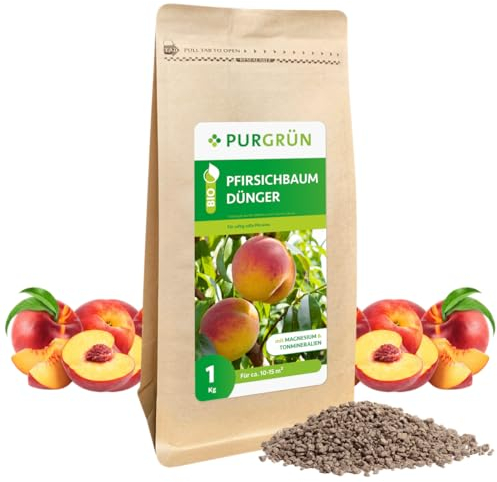 Purgrün® Bio-Pfirsichbaum-Dünger 1 kg – Organisch-mineralische Rezeptur – Feinkörniges Krümelgranulat – NPK 6+3+8 – Mit Magnesium für süße Pfirsiche – Verbessert die Bodenqualität – Chloridarm
