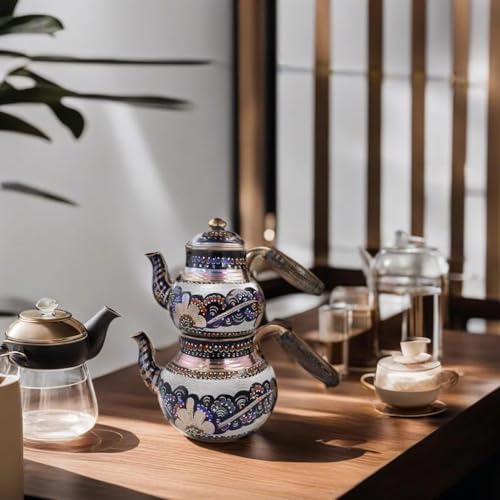 Théière turque en cuivre avec poignée en bois pour cuisinière - Infuseur décoratif vintage - Motif floral - Pour pendaison de crémaillère, décoration d'intérieur