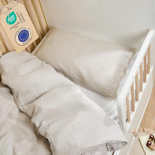 Laleni Parure de lit Enfant 100x135 cm en Coton | Mousseline Parure de lit Enfant 100 x 135 cm + taie d'oreiller 40x60 cm | Oeko-TEX certifié Linge de lit Gris | Mousseline Set de Linge de lit Enfant